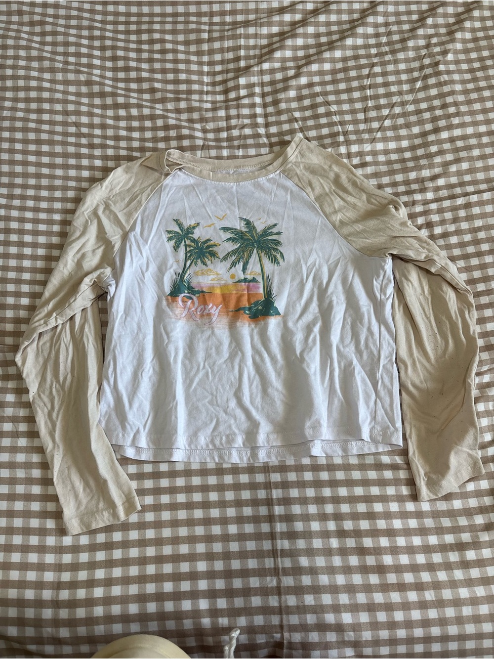 Roxy Girls White Tee with Cream Raglan Sleeves and Tropical Print